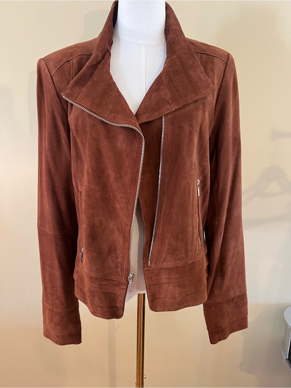 Real Suede Leather Asymmetrical Gold Zip Jacket in cognac Brown